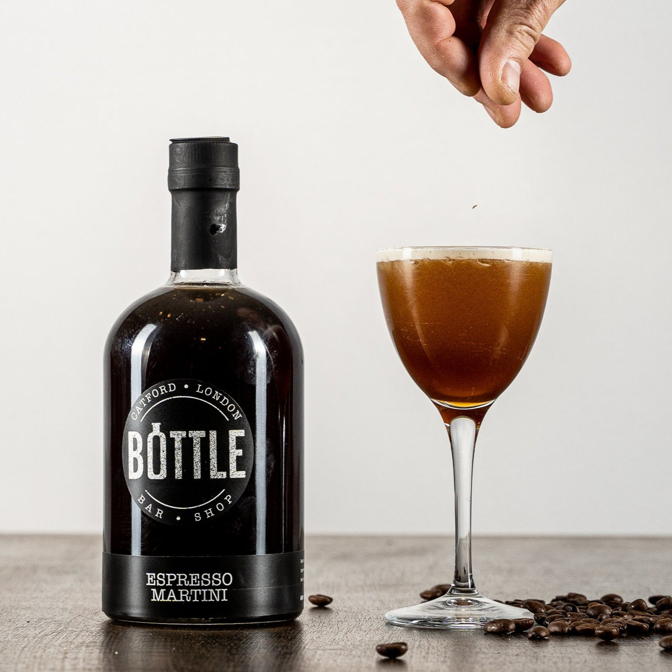 Espresso Martini handmade in small batches, poured into a martini glass with sprinkle