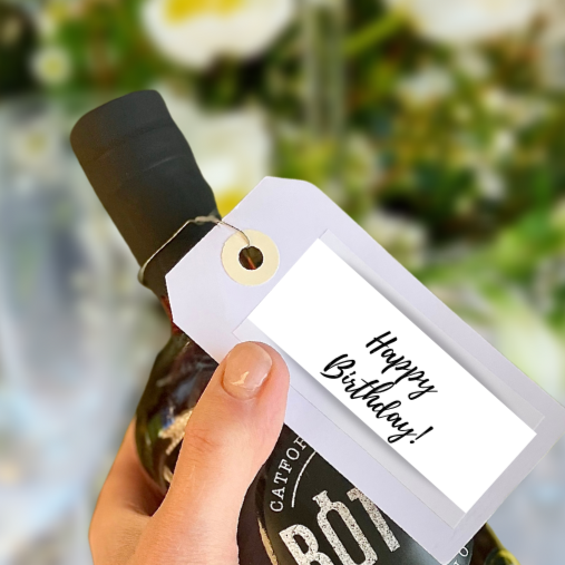 Happy Birthday label on bottled cocktail