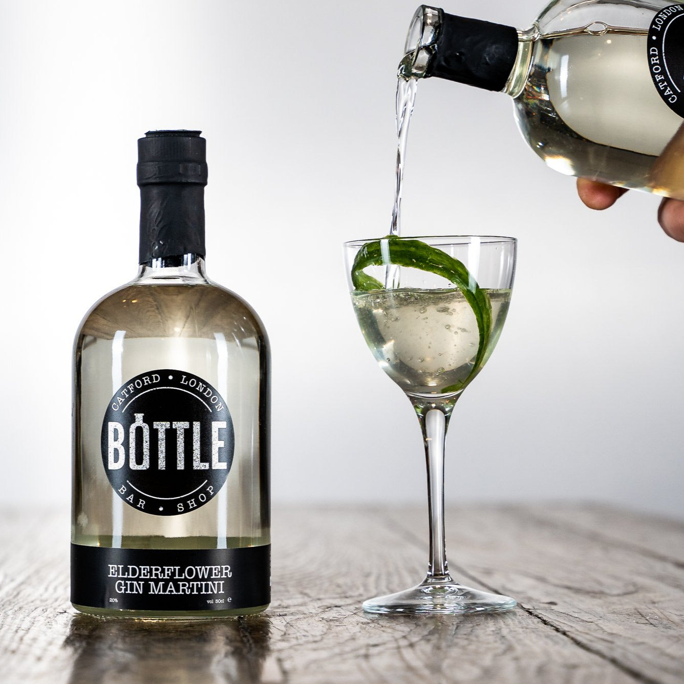 Handmade Elderflower Gin Martini, made in small batches. Serve in a martini glass with a slice of cucumber