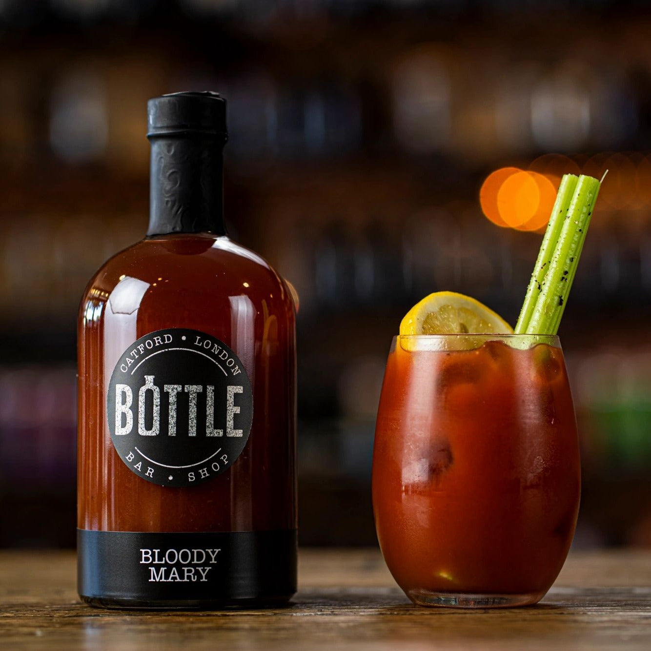 Handmade Bloody Mary with bar background