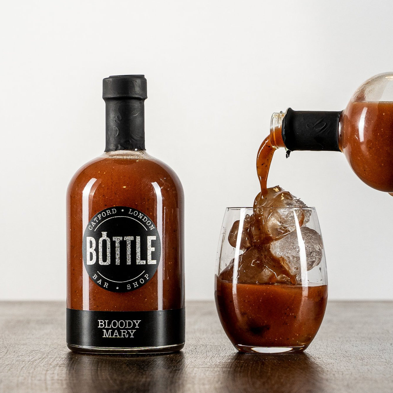 Horeseradish and Wasabi Bloody Mary, poured into a glass